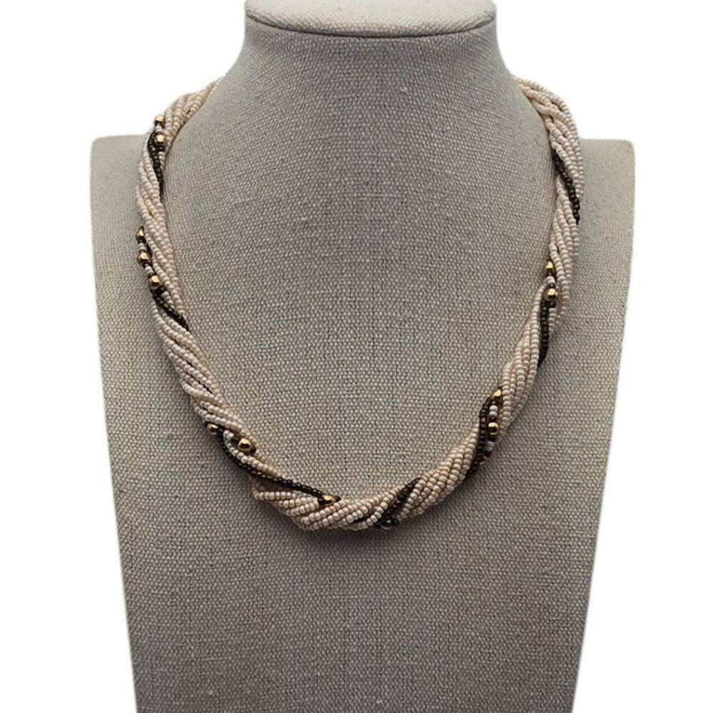 Ivory Brown Seed Bead Torsade Necklace – Textural Neutral Resort Style